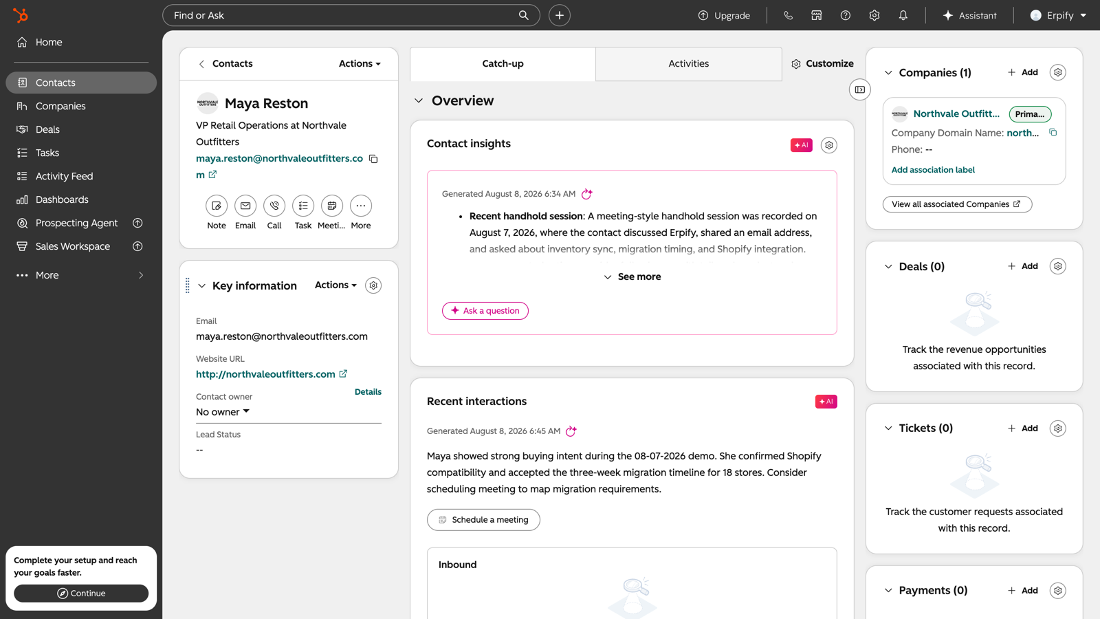 A demo visitor's HubSpot contact record with email and website filled in