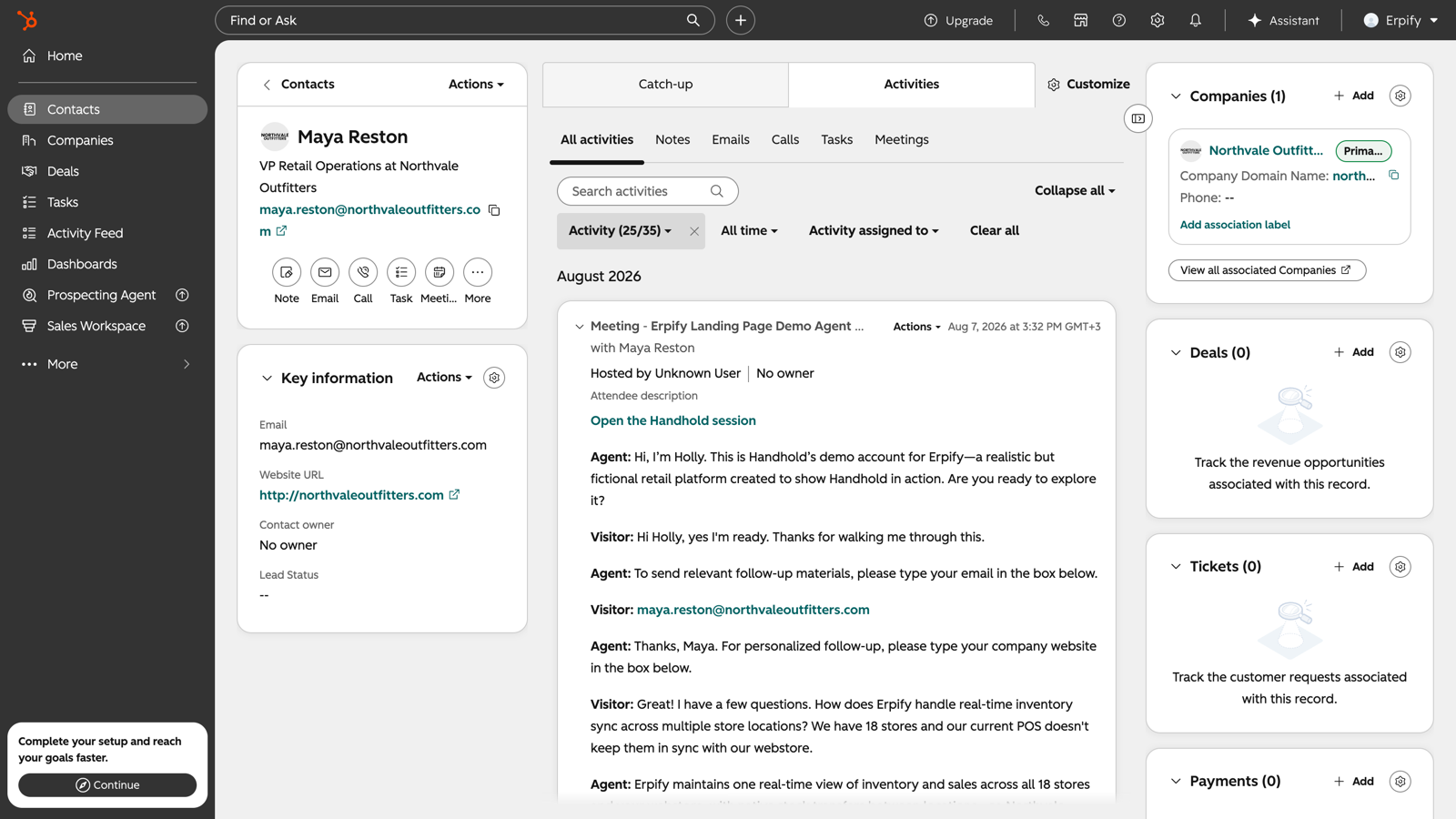 HubSpot activity timeline showing a Handhold demo session with the full transcript